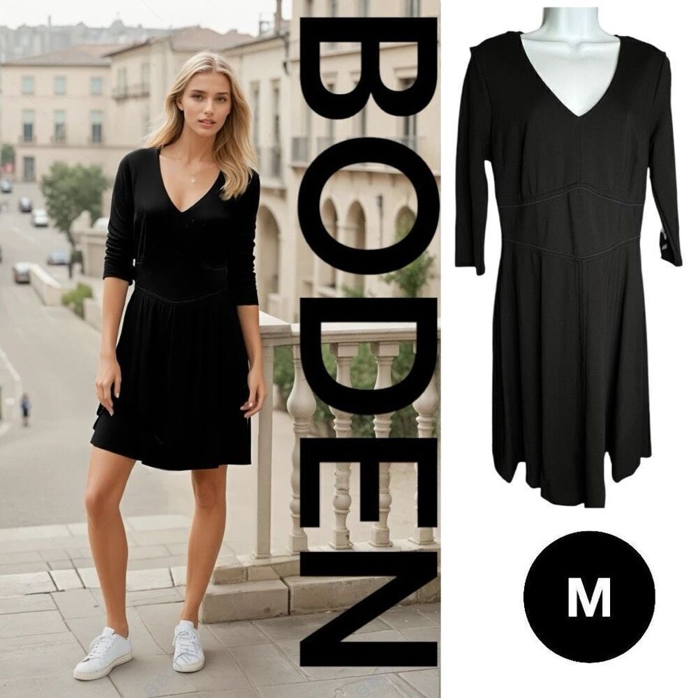 Boden Women's Bryony Broderie Trim 3/4 Sleeve Fit And Flare A-Line Dress Black M
